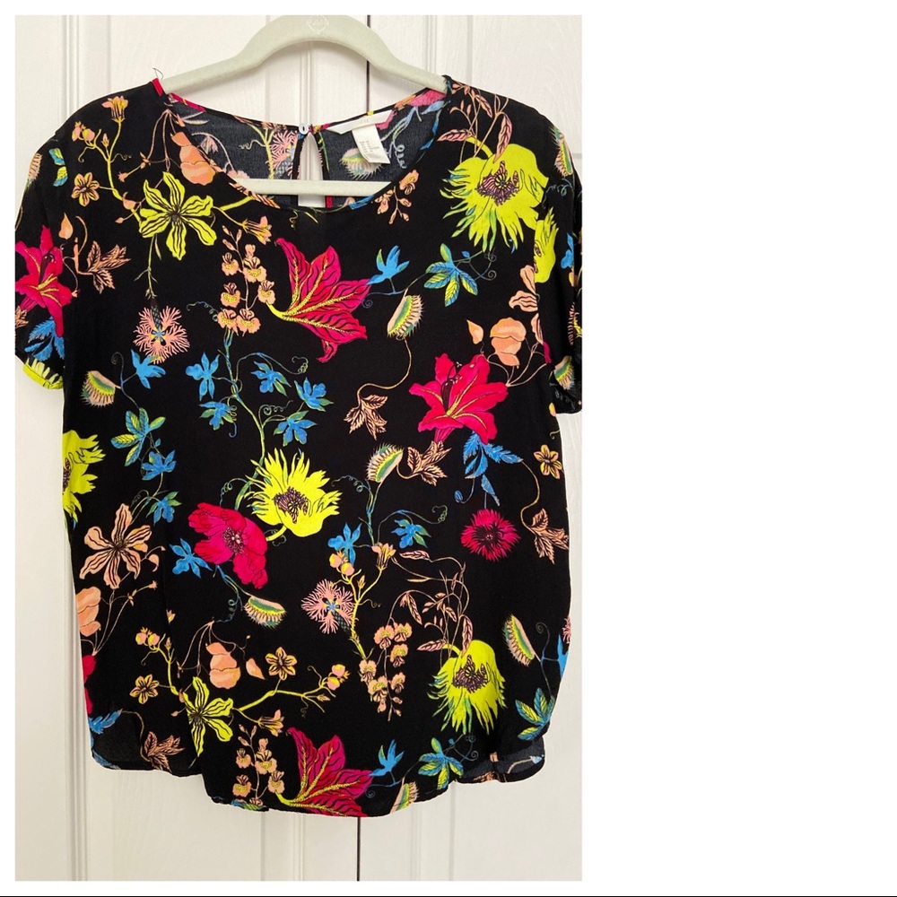 H&M black and colorful floral top, rayon